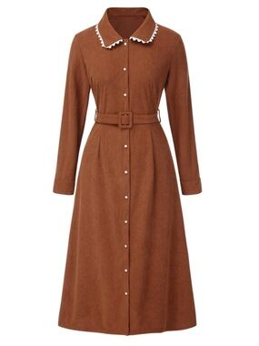Retro Stage Solid Lapel Belted Corduroy Midi Dress Lace Collar Cottagecore XL